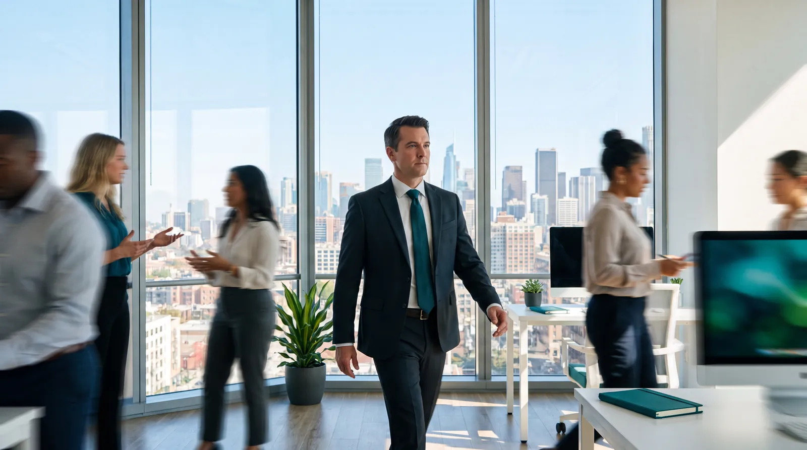 Decisive leader striding through a modern US office in the year of AI execution