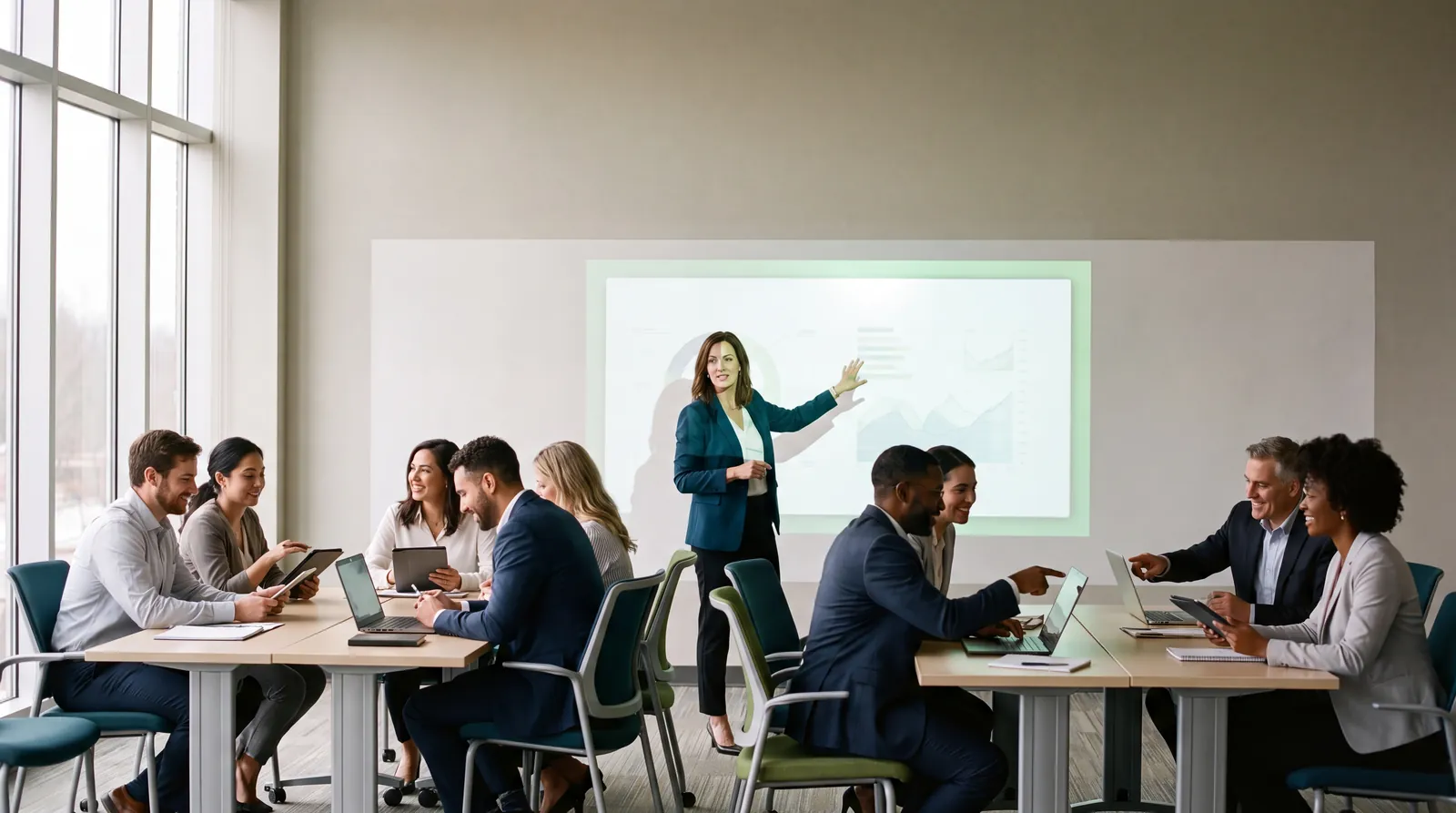 Corporate AI training session with a presenter and engaged professionals