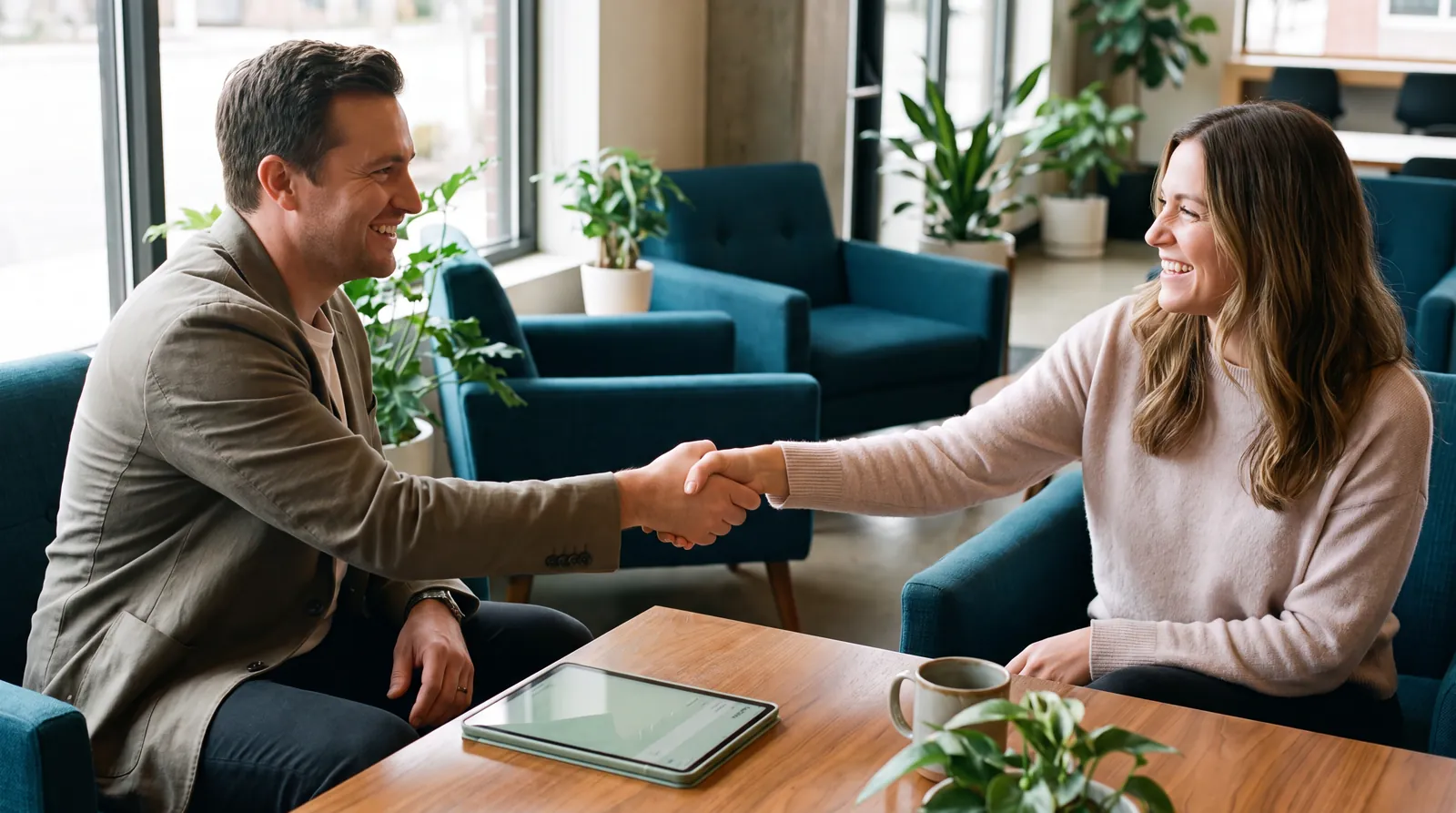 A salesperson and client sharing a genuine handshake, human connection supported by AI in sales