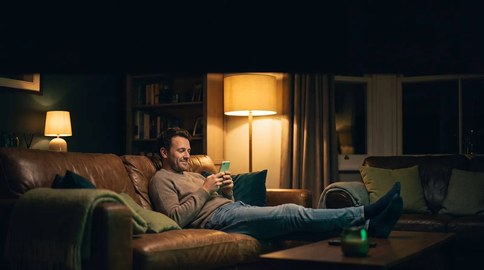 Relaxed business owner as an automated revenue engine closes deals at night