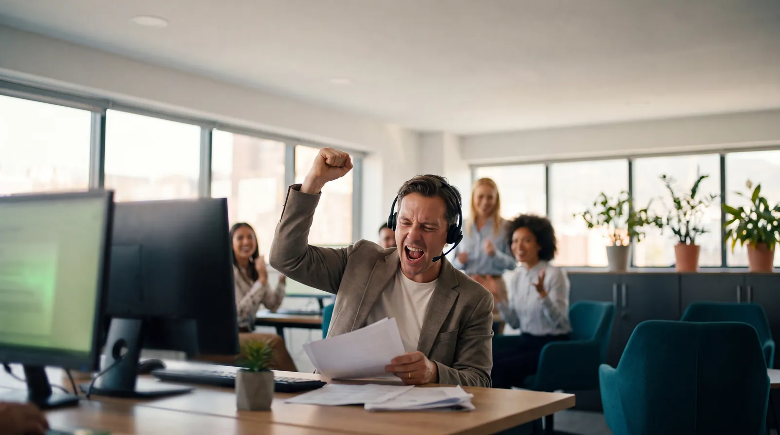 Sales rep celebrating a closed deal with a sales overlay