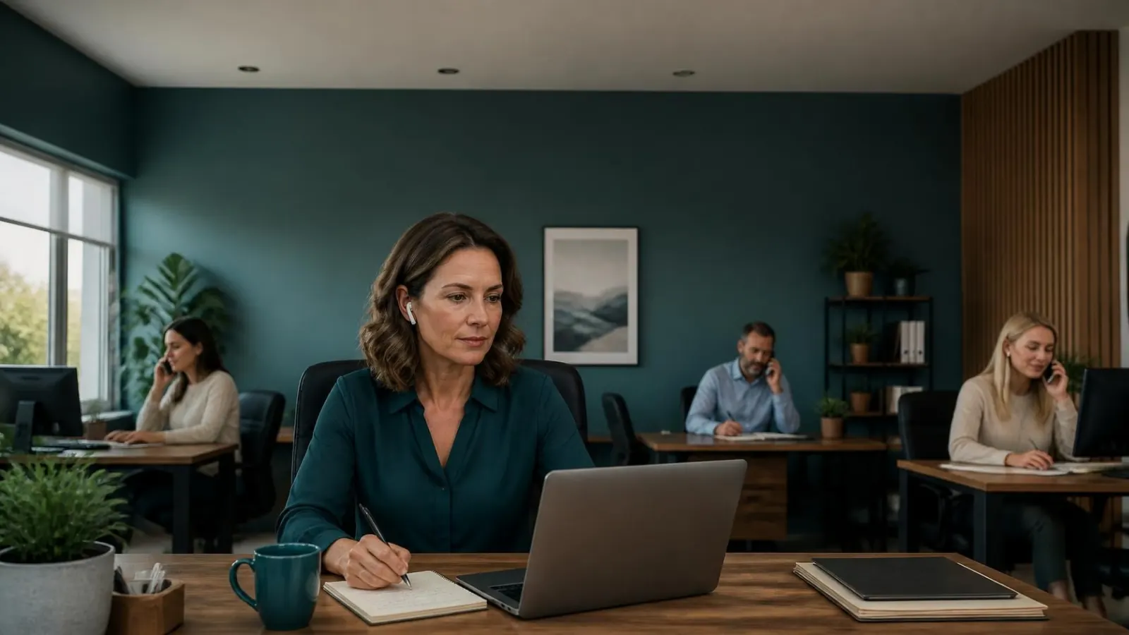 A business owner at her desk with one earbud in, taking notes on a sales call while three reps work the phones behind her
